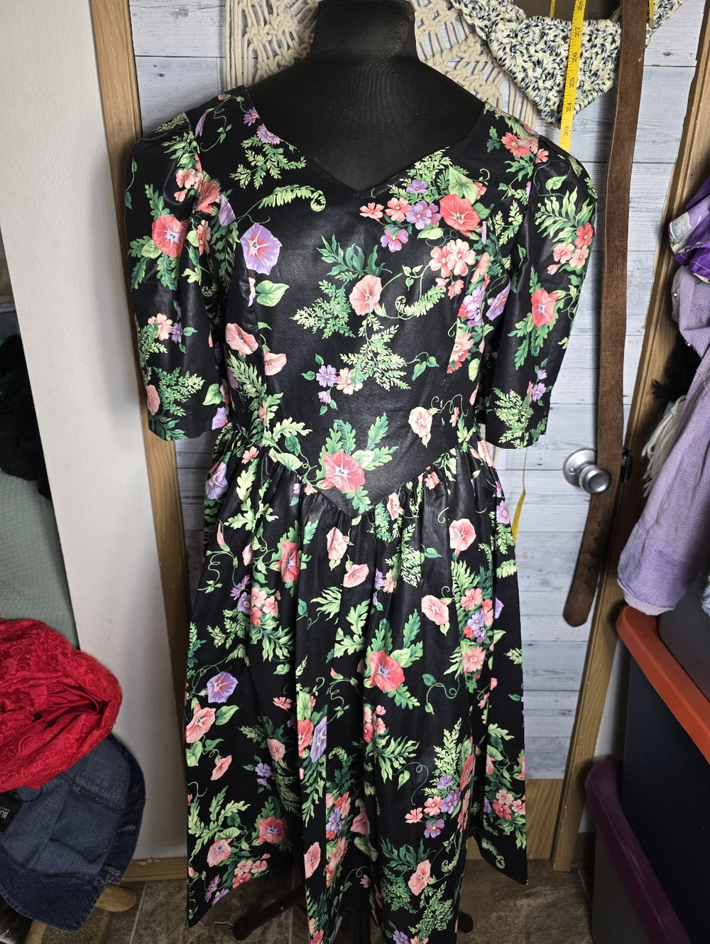 Vtg 80's Black Floral Midi Dress Romantic Goth Dark Floral A Line Fit and Flare